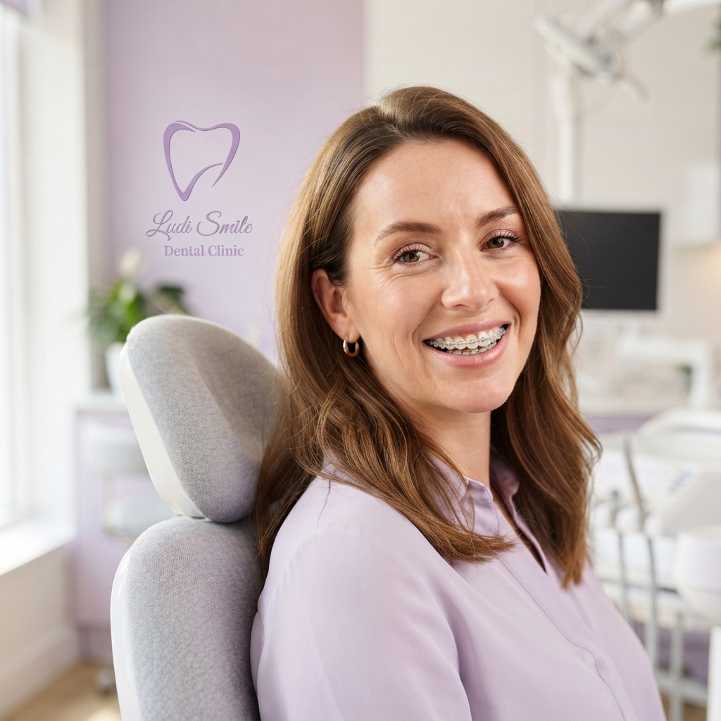 Mujer adulta sonriendo con brackets estéticos