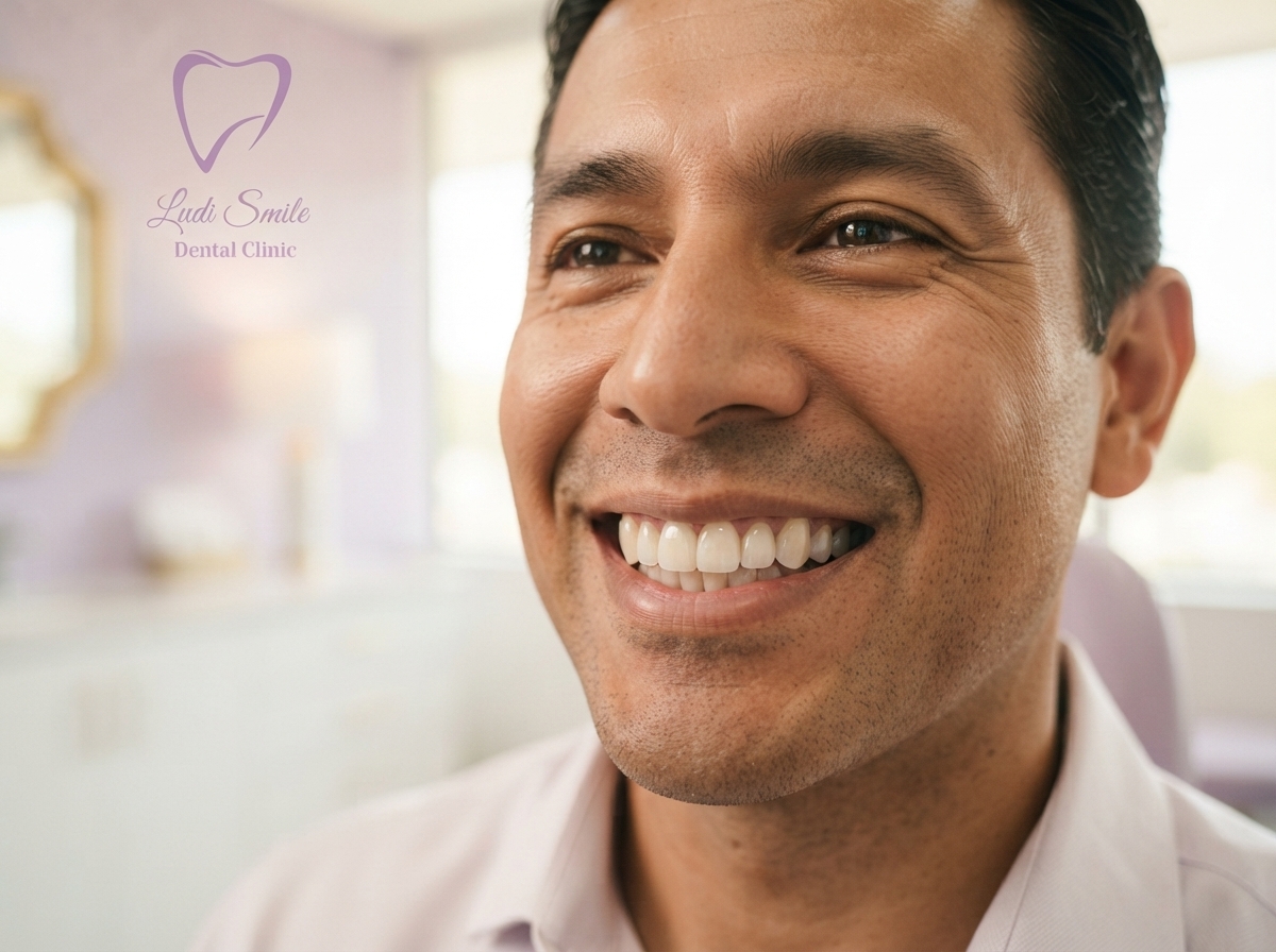 Primer plano de una sonrisa natural y luminosa de un hombre adulto tras tratamiento de carillas dentales